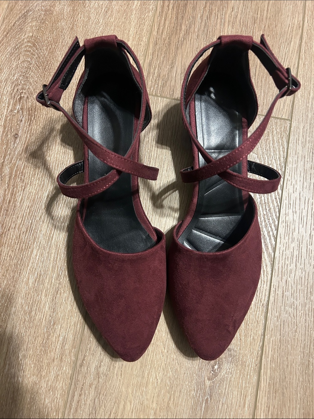 Women’s Burgundy Suede Pointed-Toe Ankle Strap Heels